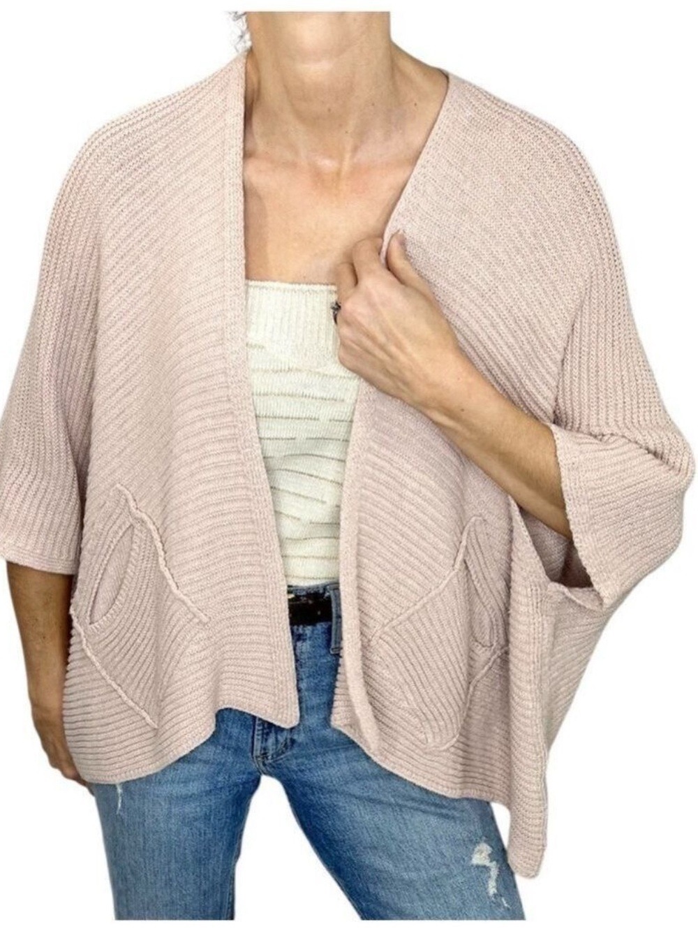 Cocogio Italy pastel pink cotton blend boxy cardigan sweater wrap shawl OS
